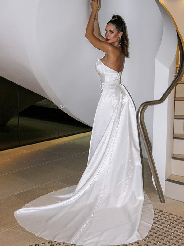 A-Line/Princess Satin Ruched Strapless Sleeveless Court Train Wedding Dresses HEP0006532