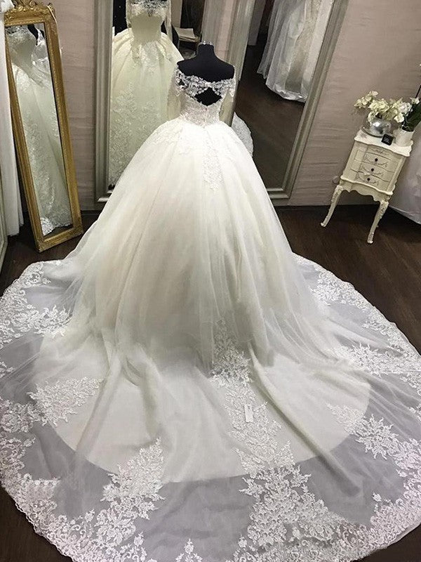 Ball Gown Off-the-Shoulder Long Sleeves Cathedral Train Applique Tulle Wedding Dresses HEP0006125
