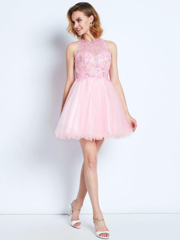 A-line/Princess Sleeveless Jewel Short/Mini Net Ruffles Dresses HEP0008841