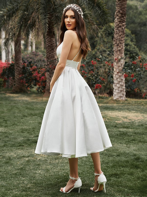 A-Line/Princess Ruffles V-neck Sleeveless Satin Tea-Length Wedding Dresses HEP0005969