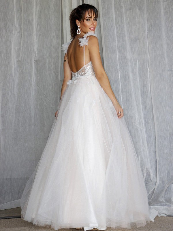 A-Line/Princess V-neck Beading Sleeveless Tulle Floor-Length Wedding Dresses HEP0006108