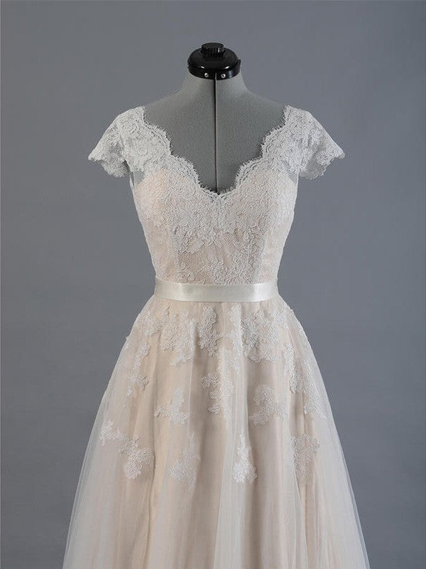A-Line/Princess V-neck Sleeveless Floor-Length Applique Lace Wedding Dresses HEP0006362