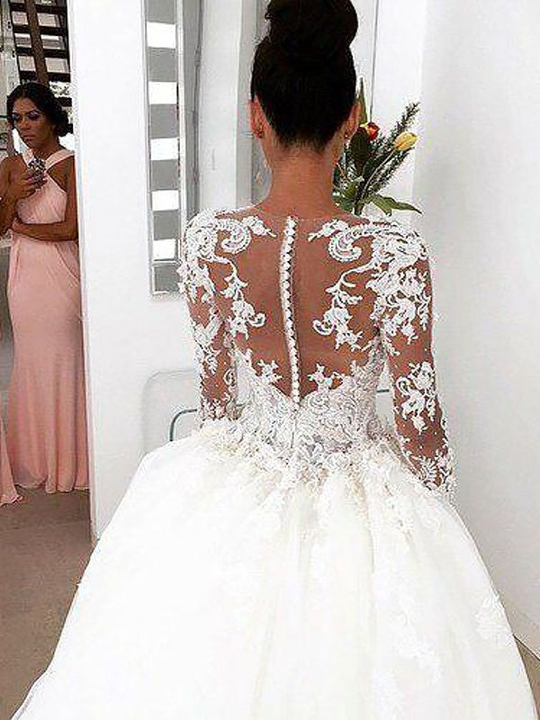 Ball Gown Long Sleeves Scoop Court Train Lace Wedding Dresses HEP0006107