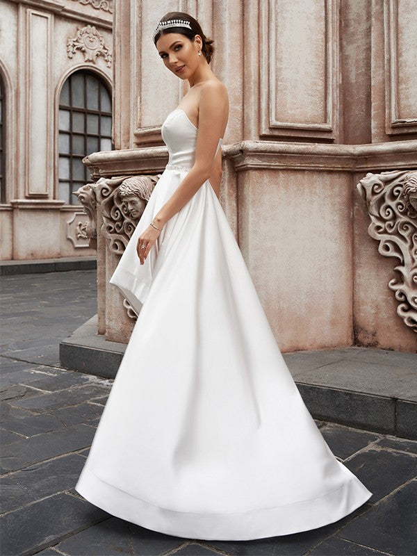 A-Line/Princess Sweetheart Satin Ruffles Sleeveless Asymmetrical Wedding Dresses HEP0006091