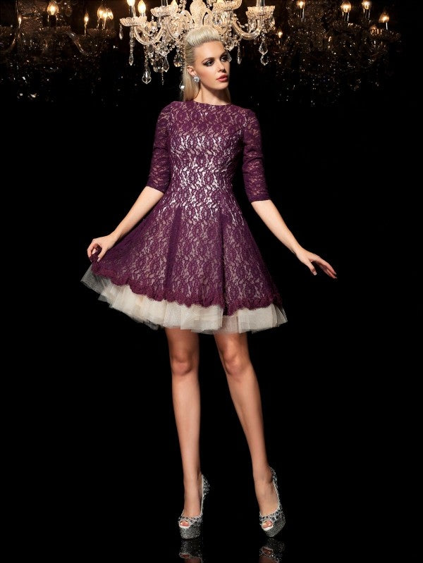 A-Line/Princess Sheer Neck Lace 1/2 Sleeves Short Lace Cocktail Dresses HEP0008792
