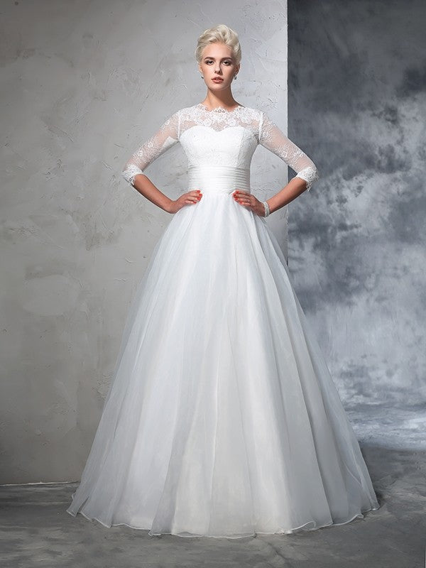 Ball Gown Jewel Applique 3/4 Sleeves Long Organza Wedding Dresses HEP0006383