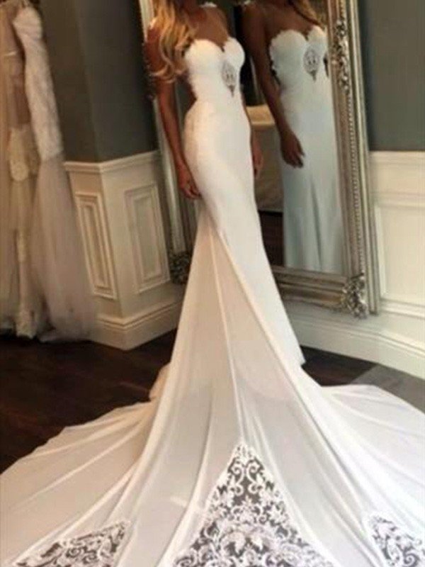 Trumpet/Mermaid Sleeveless Sweetheart Applique Cathedral Train Lace Wedding Dresses HEP0006215