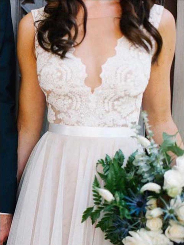 A-Line/Princess Scoop Sweep/Brush Train Sleeveless Lace Tulle Wedding Dresses HEP0006051