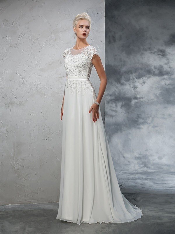 A-Line/Princess Sheer Neck Applique Short Sleeves Long Chiffon Wedding Dresses HEP0006193