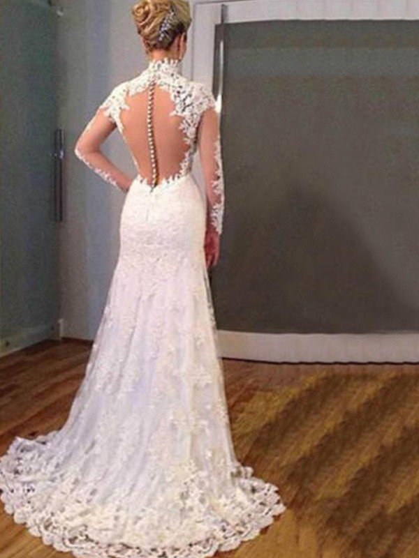 Trumpet/Mermaid Long Sleeves V-neck Sweep/Brush Train Applique Lace Wedding Dresses HEP0006226