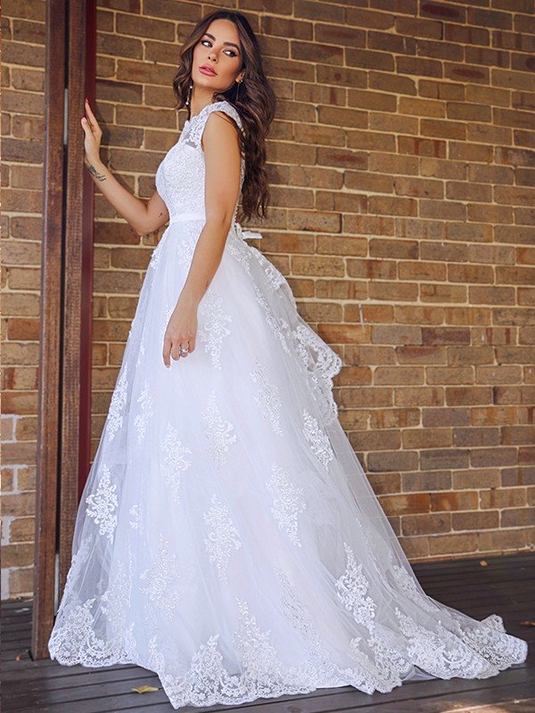 A-Line/Princess Lace Sleeveless Scoop Sweep/Brush Train Wedding Dresses HEP0006152