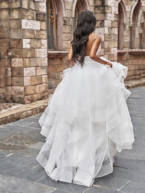 A-Line/Princess Tulle V-neck Ruffles Sleeveless Floor-Length Wedding Dresses HEP0005939