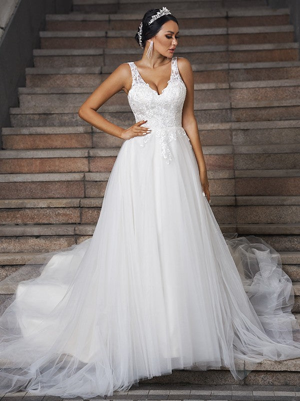 A-Line/Princess Tulle Applique V-neck Sleeveless Court Train Wedding Dresses HEP0005983