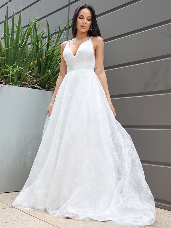 A-Line/Princess Lace Ruched V-neck Sleeveless Sweep/Brush Train Wedding Dresses HEP0006312