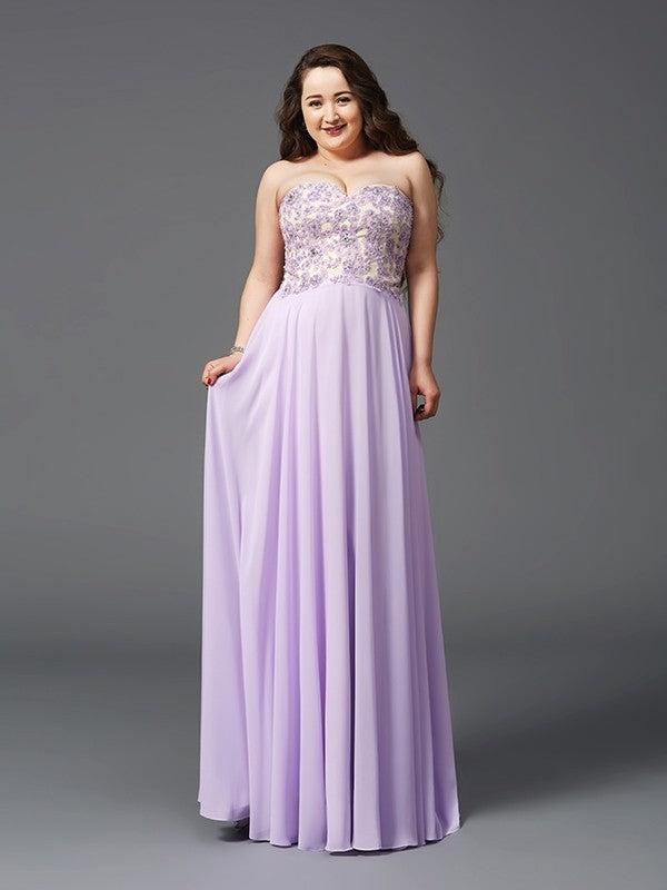 A-Line/Princess Sweetheart Lace Sleeveless Long Chiffon Plus Size Dresses HEP0003605