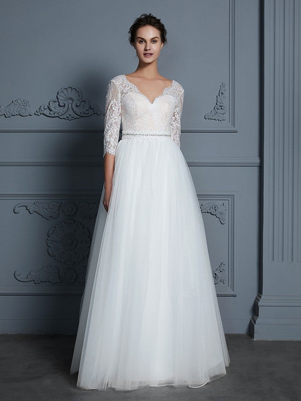 A-Line/Princess V-neck 3/4 Sleeves Floor-Length Lace Tulle Wedding Dresses HEP0006306