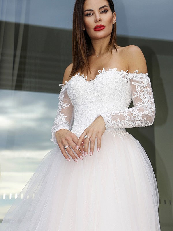A-Line/Princess Long Sleeves Tulle Applique Off-the-Shoulder Court Train Wedding Dresses HEP0005989