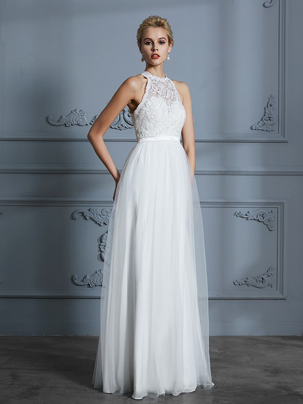 A-Line/Princess Scoop Sleeveless Tulle Floor-Length Wedding Dresses HEP0006513