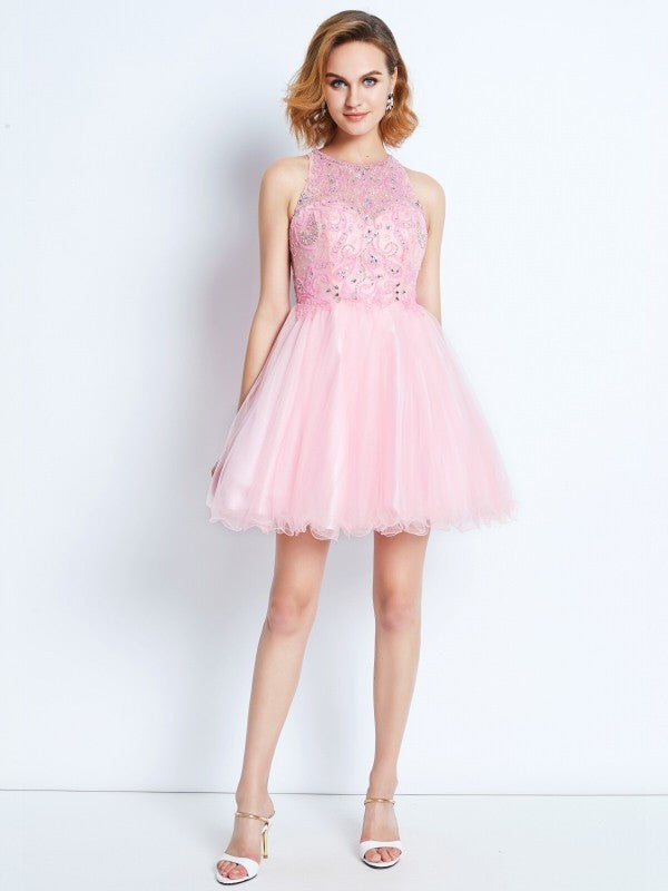 A-line/Princess Sleeveless Jewel Short/Mini Net Ruffles Dresses HEP0008841