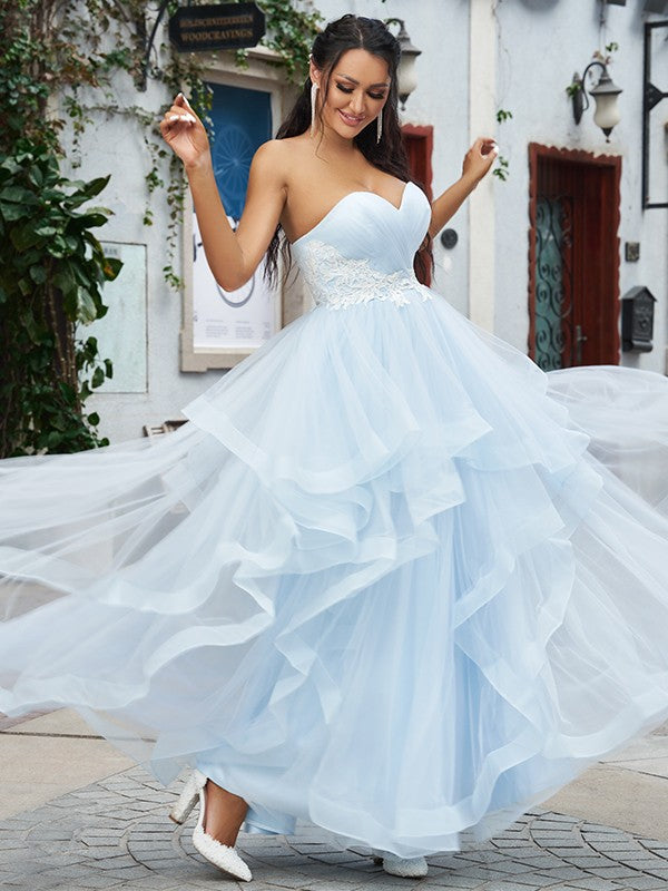 A-Line/Princess Tulle Applique Sweetheart Sleeveless Floor-Length Dresses HEP0001558