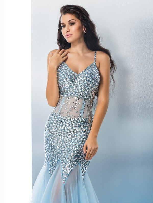 Trumpet/Mermaid Spaghetti Straps Sequin Sleeveless Long Tulle Dresses HEP0002358
