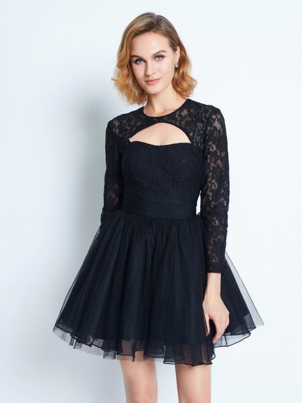 A-Line/Princess High Neck Long Sleeves Kayleigh Lace Homecoming Dresses Short/Mini Net Dresses