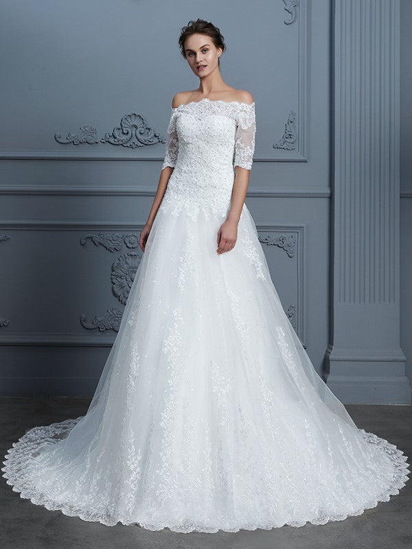 Ball Gown Off-the-Shoulder 1/2 Sleeves Beading Court Train Lace Wedding Dresses HEP0006404