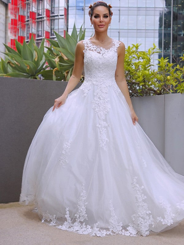 A-Line/Princess Sleeveless Tulle Lace Scoop Sweep/Brush Train Wedding Dresses HEP0006006