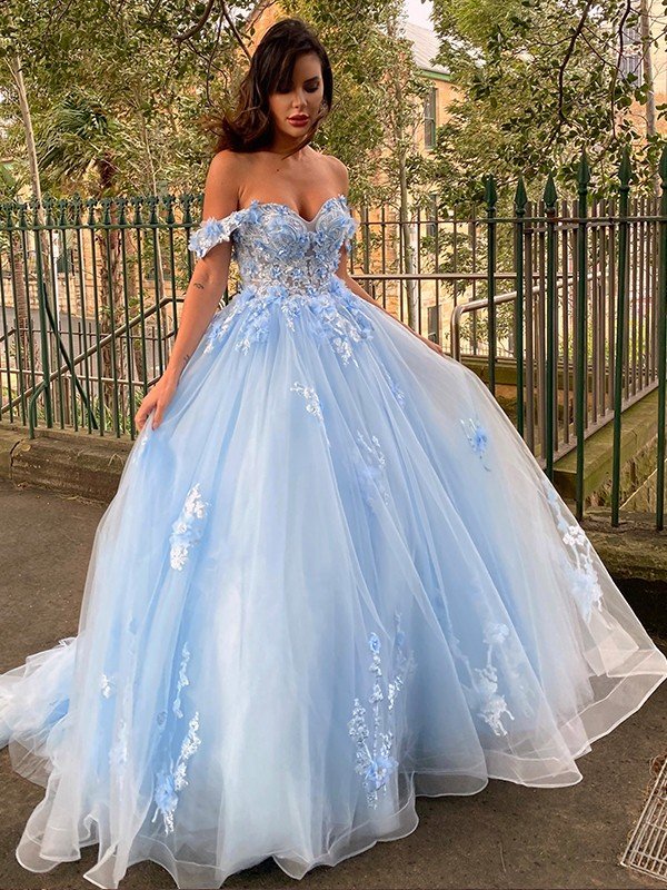 Ball Gown Tulle Applique Off-the-Shoulder Sleeveless Sweep/Brush Train Dresses HEP0001427