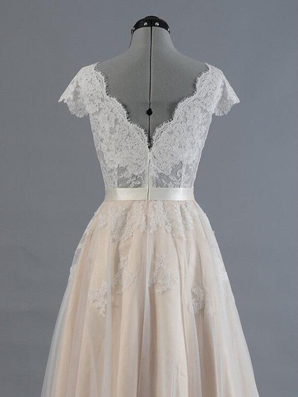 A-Line/Princess V-neck Sleeveless Floor-Length Applique Lace Wedding Dresses HEP0006362