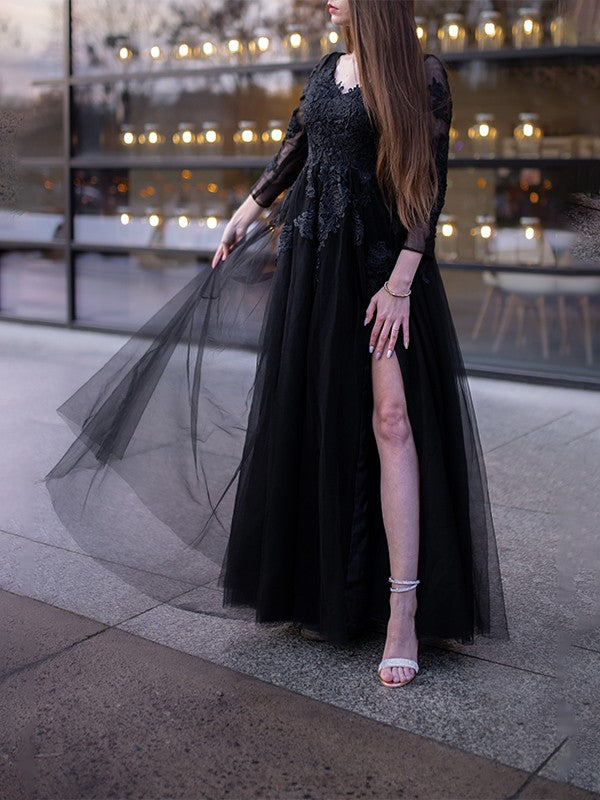 Ball Gown Tulle Long Sleeves Applique Off-the-Shoulder Floor-Length Dresses HEP0001473
