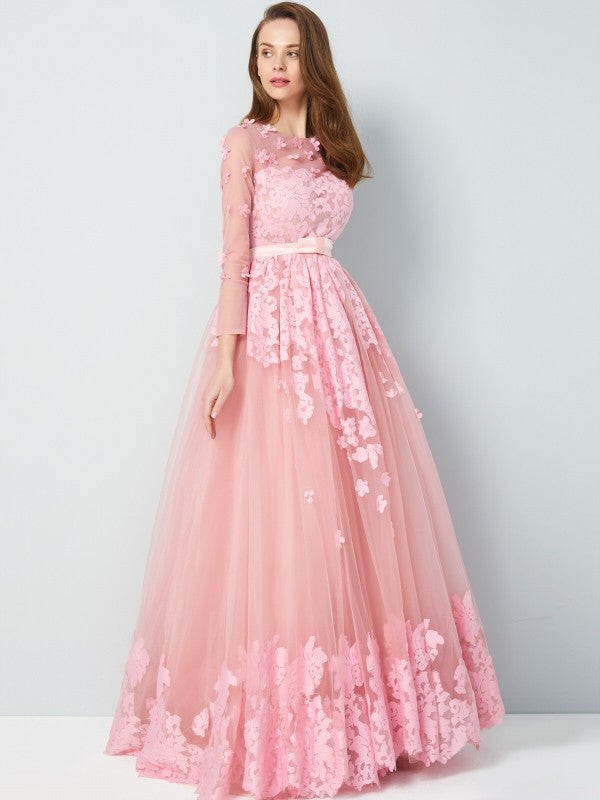 A-Line/Princess Scoop 3/4 Sleeves Floor-Length Applique Tulle Dresses HEP0002409
