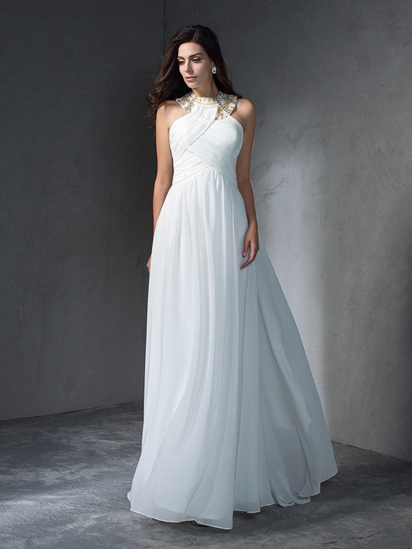 A-Line/Princess Jewel Beading Sleeveless Long Chiffon Dresses HEP0009144