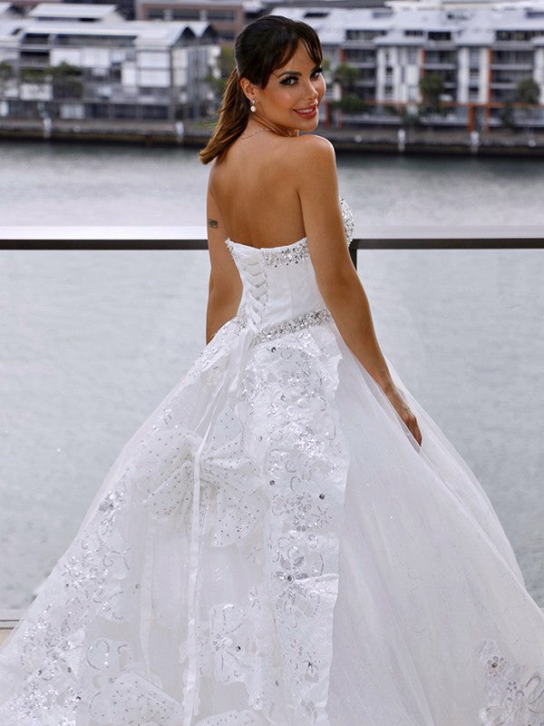 Ball Gown Tulle Sweetheart Applique Sleeveless Cathedral Train Wedding Dresses HEP0006023