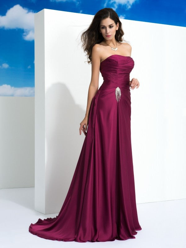 A-Line/Princess Strapless Pleats Sleeveless Long Satin Chiffon Dresses HEP0009141