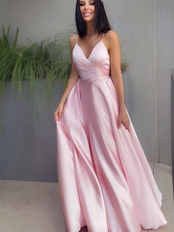 A-Line/Princess V-neck Satin Ruched Sleeveless Floor-Length Dresses HEP0001582