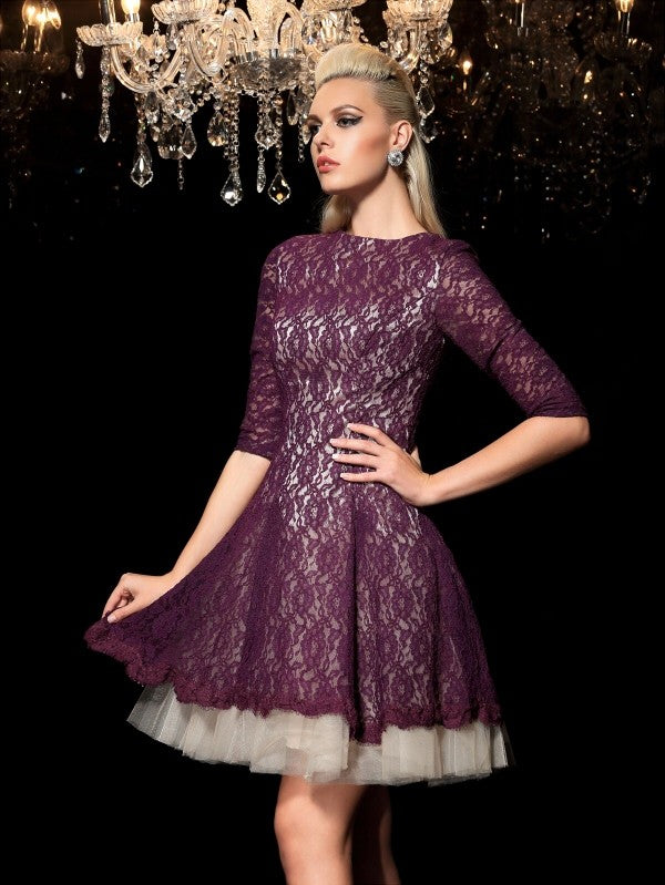 A-Line/Princess Sheer Neck Lace 1/2 Sleeves Short Lace Cocktail Dresses HEP0008792