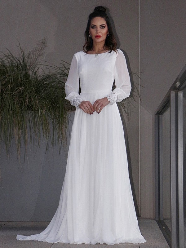 A-Line/Princess Chiffon Ruffles Long Sleeves Scoop Sweep/Brush Train Wedding Dresses HEP0006511