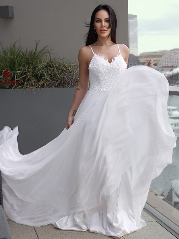 A-Line/Princess Chiffon Applique V-neck Sleeveless Sweep/Brush Train Wedding Dresses HEP0006050