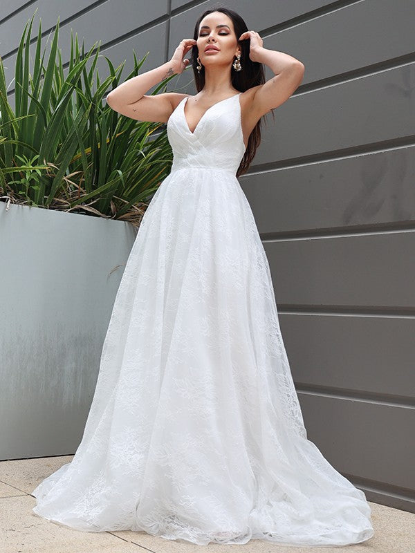 A-Line/Princess Lace Ruched V-neck Sleeveless Sweep/Brush Train Wedding Dresses HEP0006312