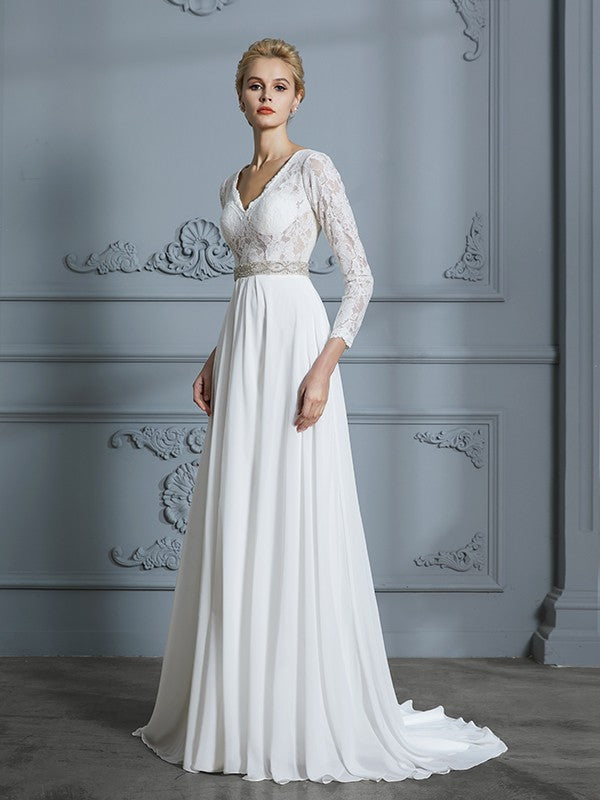 A-Line/Princess 3/4 Sleeves V-neck Lace Sweep/Brush Train Chiffon Wedding Dresses HEP0006390