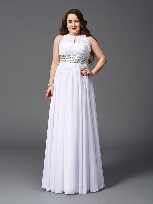 A-Line/Princess Jewel Beading Sleeveless Long Chiffon Plus Size Dresses HEP0002515