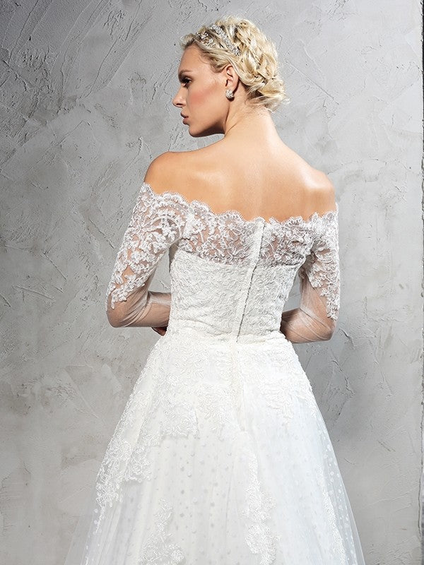 Ball Gown Off-the-Shoulder Lace Long Sleeves Long Net Wedding Dresses HEP0006225