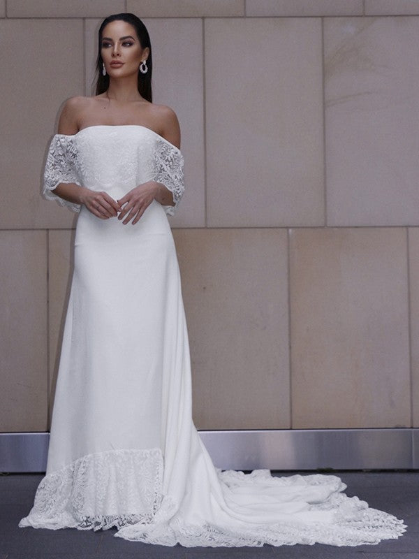 Sheath/Column Lace Ruffles Off-the-Shoulder Short Sleeves Sweep/Brush Train Wedding Dresses HEP0006510