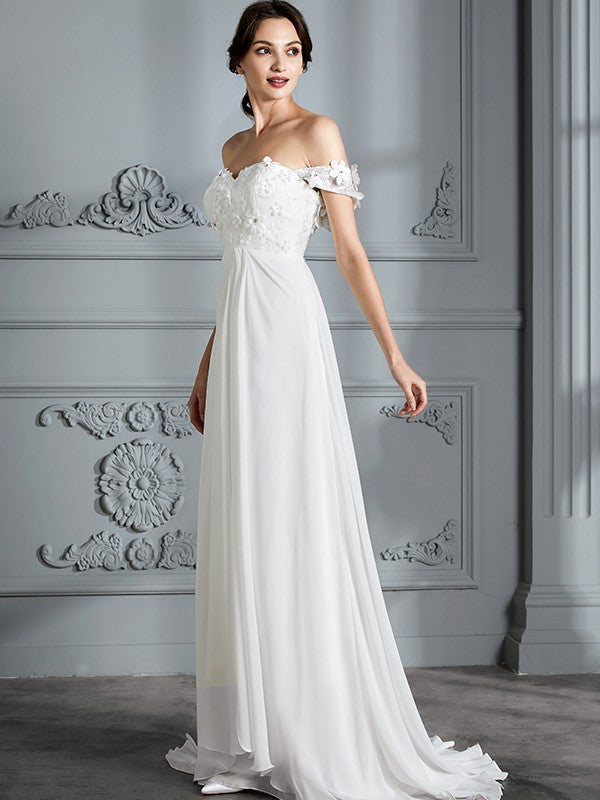 A-Line/Princess Off-the-Shoulder Sleeveless Chiffon Sweep/Brush Train Wedding Dresses HEP0006370