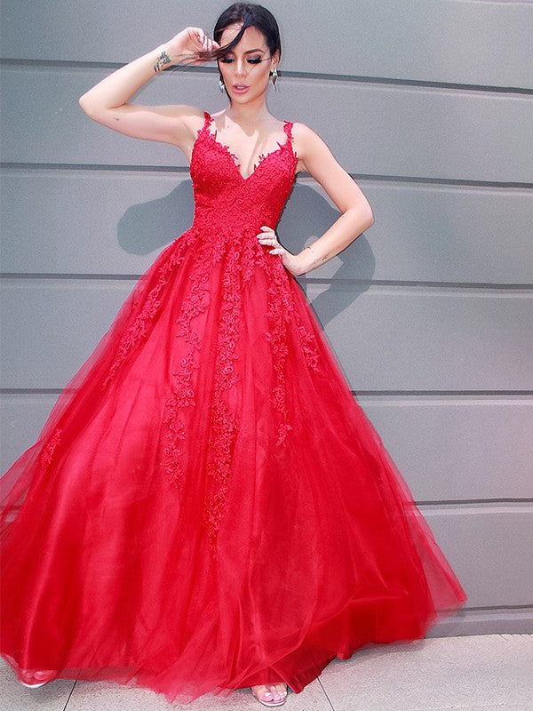 A-Line/Princess Tulle V-neck Floor-Length Applique Sleeveless Dresses HEP0001456