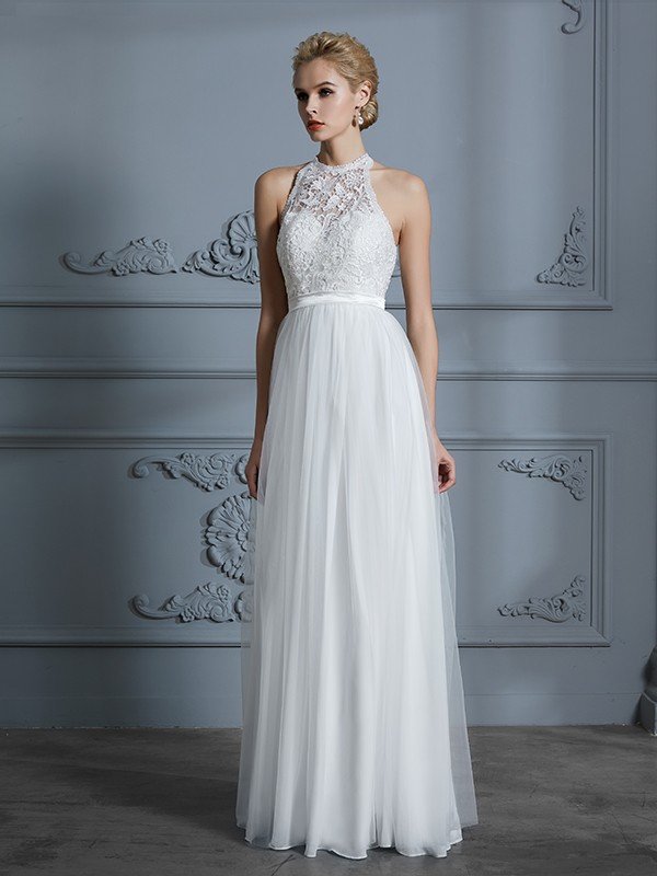 A-Line/Princess Scoop Sleeveless Tulle Floor-Length Wedding Dresses HEP0006513