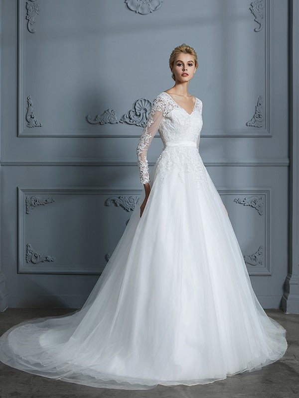 Ball Gown V-neck Long Sleeves Court Train Lace Tulle Wedding Dresses HEP0006228