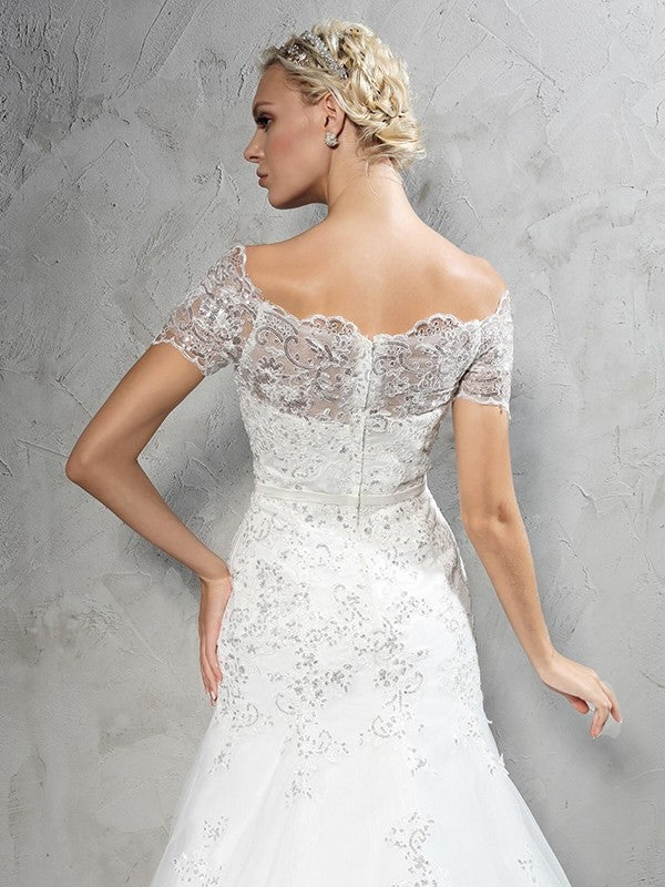 Sheath/Column Off-the-Shoulder Applique Short Sleeves Long Net Wedding Dresses HEP0006450