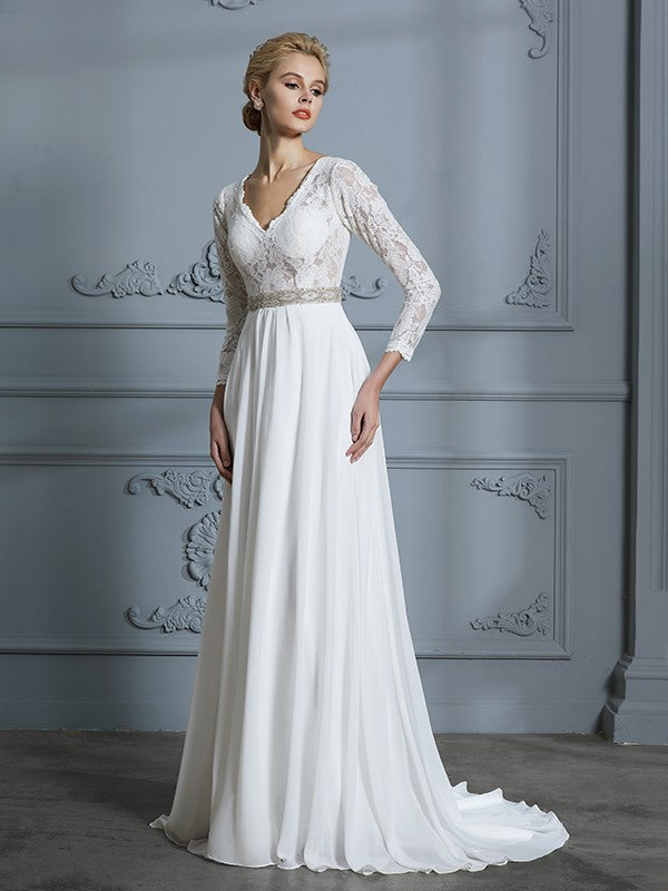 A-Line/Princess 3/4 Sleeves V-neck Lace Sweep/Brush Train Chiffon Wedding Dresses HEP0006390